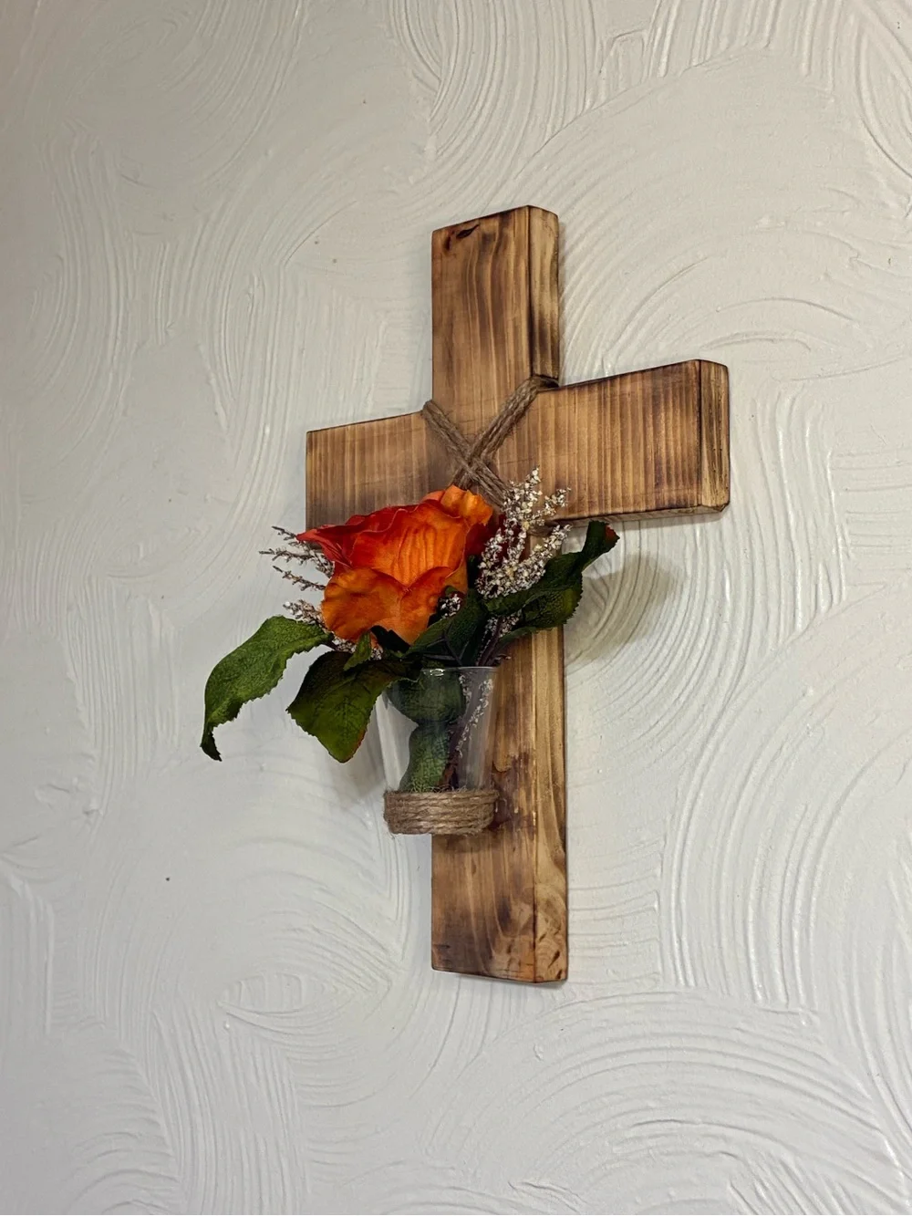 Handcrafted Wooden Wall Cross with Orange Rose Faux Floral Accent